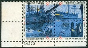 US #1480-82var 8¢ Boston Tea Party, Plate block w/black vertical color shift