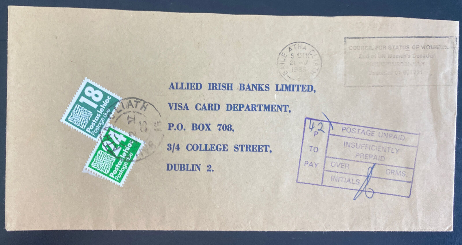 1985 Dublin Ireland Postage due Cover To Allied Irish Bank Locally Used
