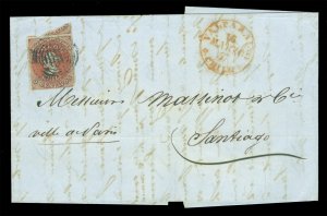 CHILE 1855 COLUMBUS - London print - 5c brown red Sc# 8 VF cvr VALP. to Santiago