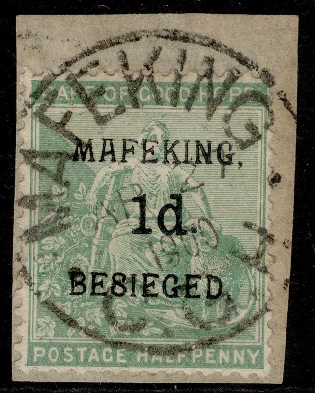 SOUTH AFRICA - Mafeking Siege QV SG1, 1d on ½d green, VFU CDS on PIECE. Cat £95.