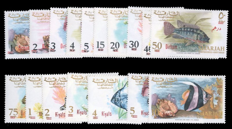 Sharjah SG226-242 Cat£44, 1966 Fish, red surcharges, complete set, never hinged