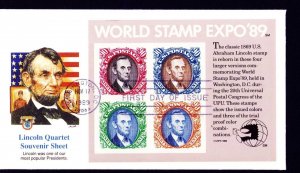 1989 World Stamp Expo Lincoln 90¢ S.S. Sc 2433 VF Fleetwood FDC  $3.60 Face