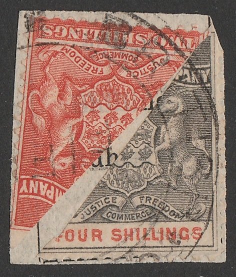 RHODESIA 1892 Arms 2/- & 4/- both bisected. RARE! 