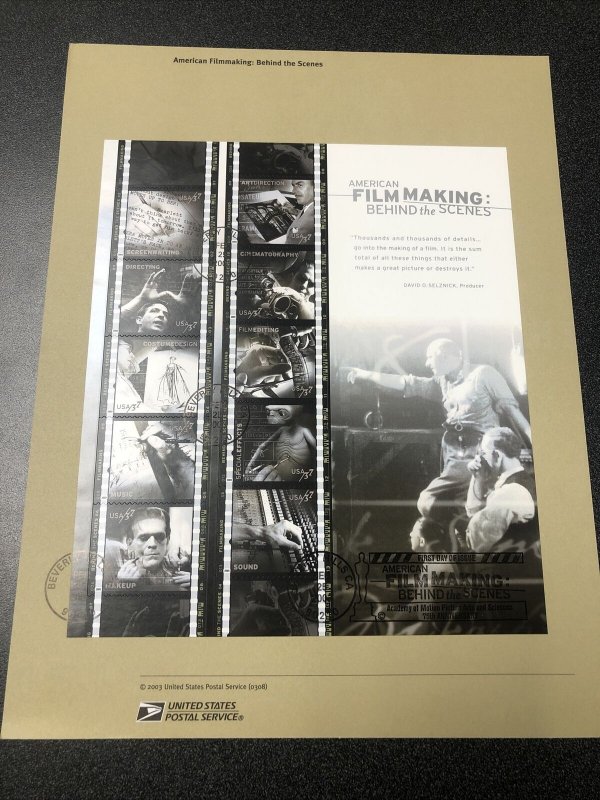 US 3772 American Filmmaking Souvenir Page First Day Of Issue 2003 