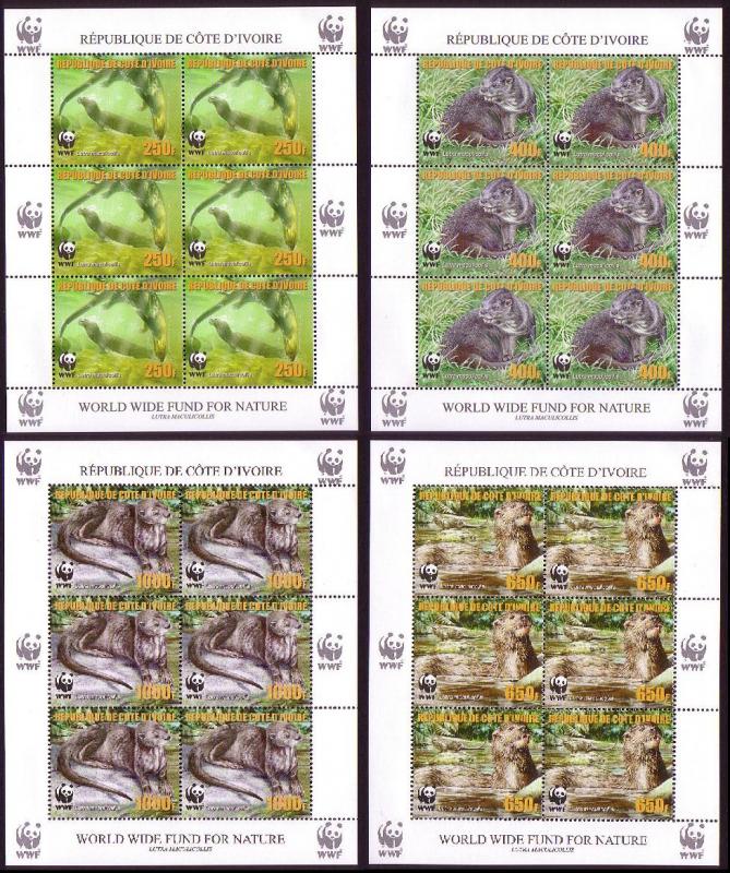 Ivory Coast WWF Speckle-throated Otter 4 Sheetlets of 6 stamps reprint 6 sets