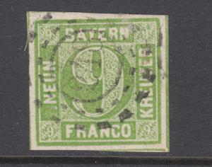 Bavaria Sc 6 used. 1850-58 9kr yellow green Numeral, 248 open Millwheel cancel