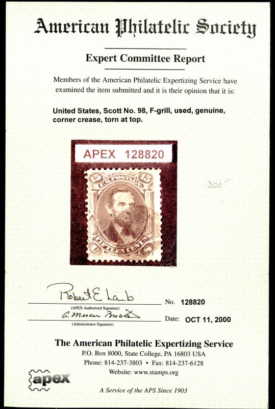 U.S. # 98 Used Fine APS Cert Cat$350