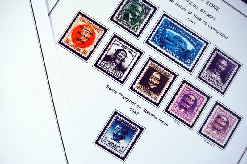 COLOR PRINTED CANAL ZONE 1904-1978 STAMP ALBUM PAGES (21 illustrated pages)