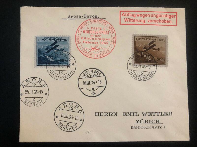 1935 Vaduz Lichtenstein First Winter Flight cover to Zurich Switzerland C4-5
