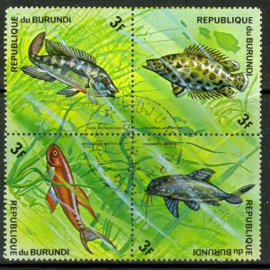 BURUNDI 1974 3fr FISH Se-tenant Block of 4 Issue Sc 451 CTO Used