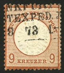 Germany #25 (Mi. 27b) Cat€650, 1872 9kr red brown, boxed cancel, thin spot,...