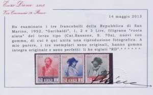 1952 San Marino, N° 358/I-360 / I, Garibaldi 3 Values Wheel III ° Type, MNH