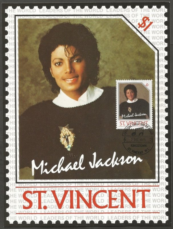 ST VINCENT STAMP,1985 MICHAEL JACKSON $1 STAMP.FIRST DAY OF ISSUE.MAXI CARD