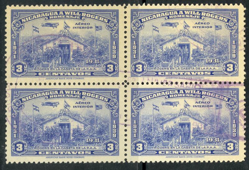 NICARAGUA 1939 3c WILL ROGERS Airmail BLOCK OF 4 Sc C238 VFU