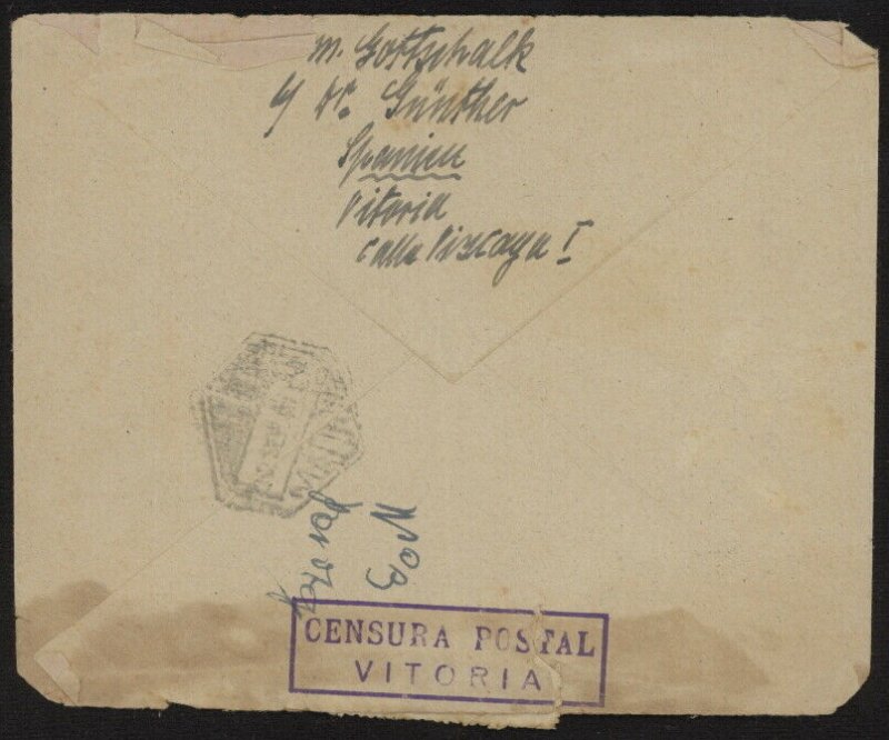 Spain 664, etc. on 1940 WWII censored airmail cover w/Correo Aereo Vitoria pmks