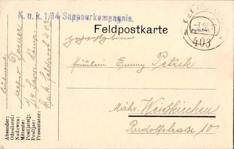 Austria Soldier's Free Mail 1917 K. und K. Feldpostamt 403 Feldpostcard to We...