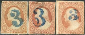 #11 USED WITH 3 DIFF. 3 NUMERAL BLUE CANCELS BP1961