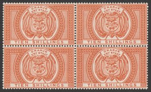 ORANGE FREE STATE 1882 Arms 10/- orange Postal Fiscal block. MNH **.  