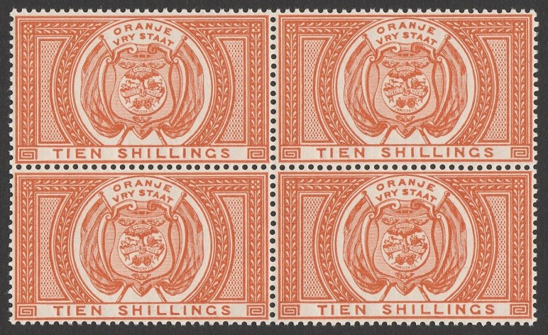 ORANGE FREE STATE 1882 Arms 10/- orange Postal Fiscal block. MNH **.  