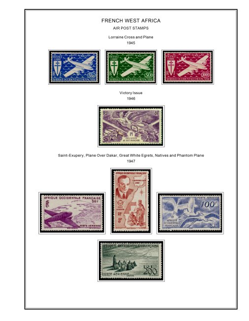 COLOR PRINTED FRENCH WEST AFRICA 1943-1959 STAMP ALBUM PAGES (15 illustr. pages)