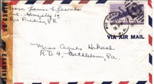 1943, Rio Pridras, Puerto Rico to Bethlehem, PA, Miami Censor Tape (C2188)