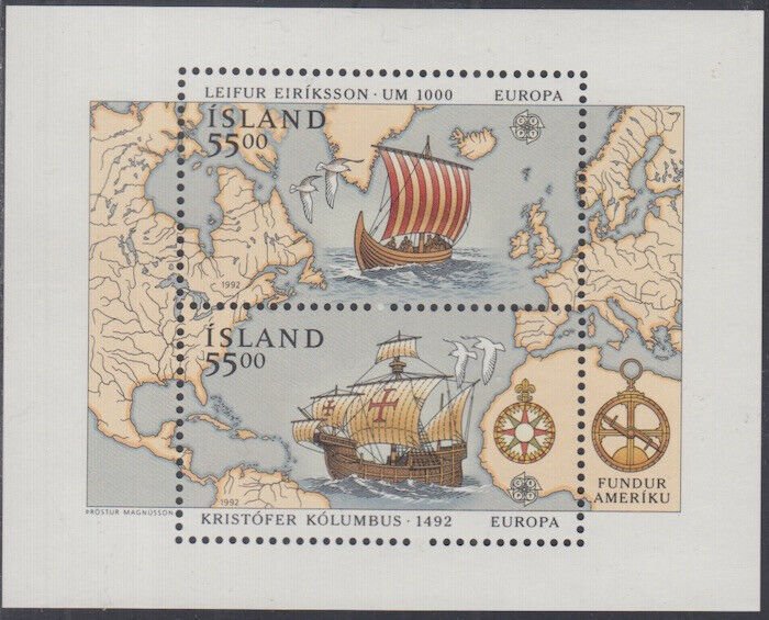 ICELAND # 751 MNH SOUVENIR SHEET EUROPA 1992  500th ANN DISCOVERY of AMERICA