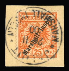 German Colonies, Marshall Islands #11 Cat$37.50, 1899 25pf orange, used on piece