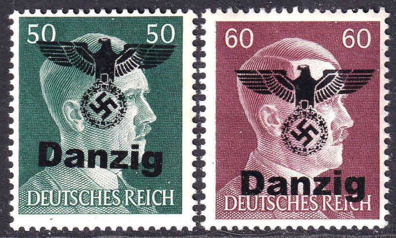 GERMANY 521-522 1944 DANZIG EAGLE OVERPRINT OG NH U/M F/VF TO VF BEAUTIFUL GUM