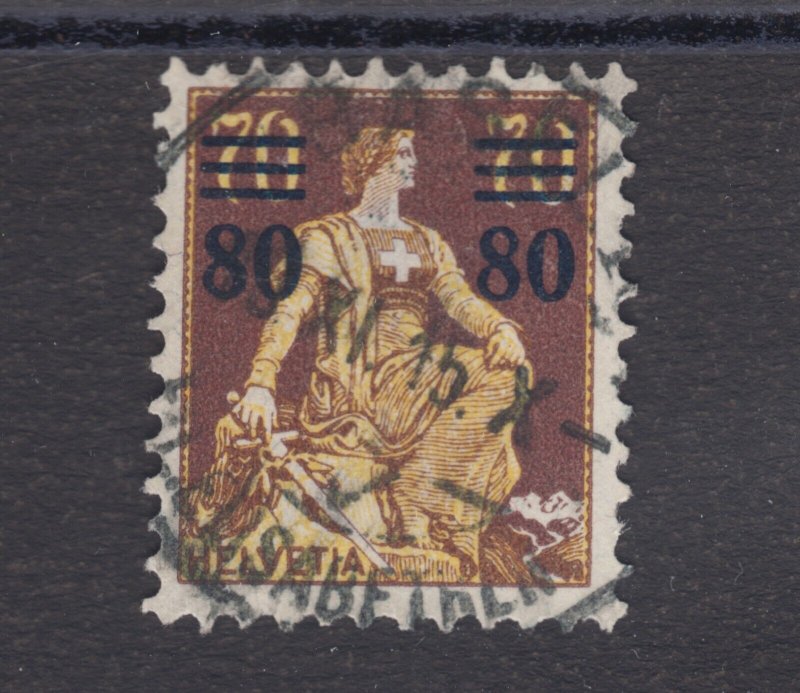 Switzerland Sc 189 used. 1915 80c on 70c dark brown & buff Helvetia, sound, F-VF