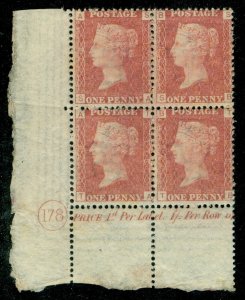 SG 43 Great Britain 1d rose-red plate 178, lower left block of 4 showing...