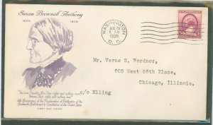 US 784 1936 3c Susan B. Anthony (women's suffrage) single on an addressed FDC with a Grimsland cachet.