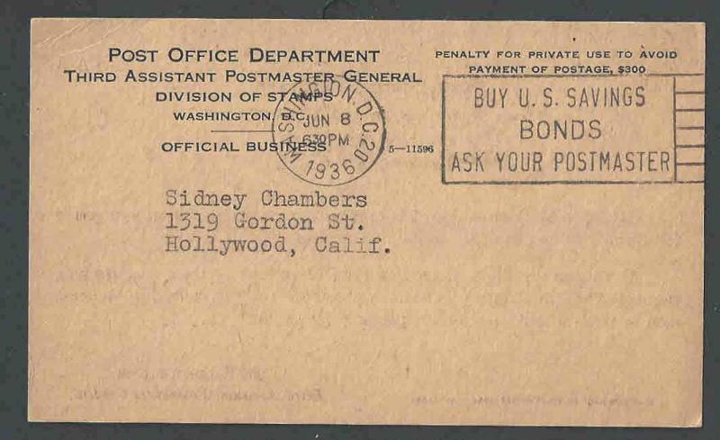 1936 U.S.Post Office Dept Official Business Card Form #3263 Philatelic Dept