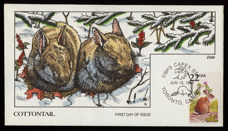 Collins Handpainted FDC North American Wildlife: Cottontail Rabbits (6/13/1987)