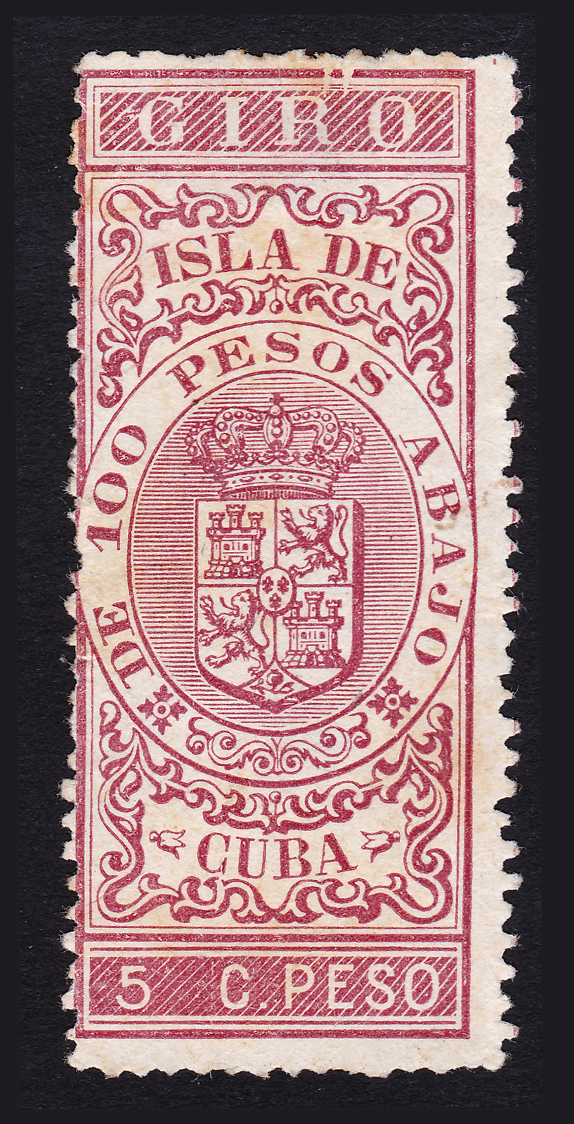 Cuba Stamps Giro Postal TAX Stamp 100 Pesos 1868 Caribbean Cuba