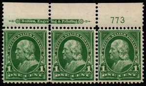 U.S. #279 MNH F/VF PL# 773 Strip/3 w/ Inverted Reversed Watermark