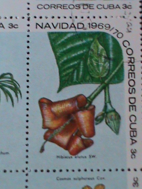 ​CUBA-1969-SC#1473a CHRISTMAS-LOVELY WILD FLOWERS IMPRINT BLOCK FANCY CANCEL VF