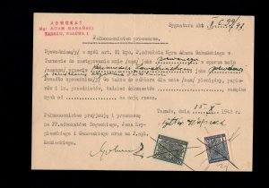 Germany Occupied Poland Tarnow Signed Legal Document Franked 2 Revenues 1943