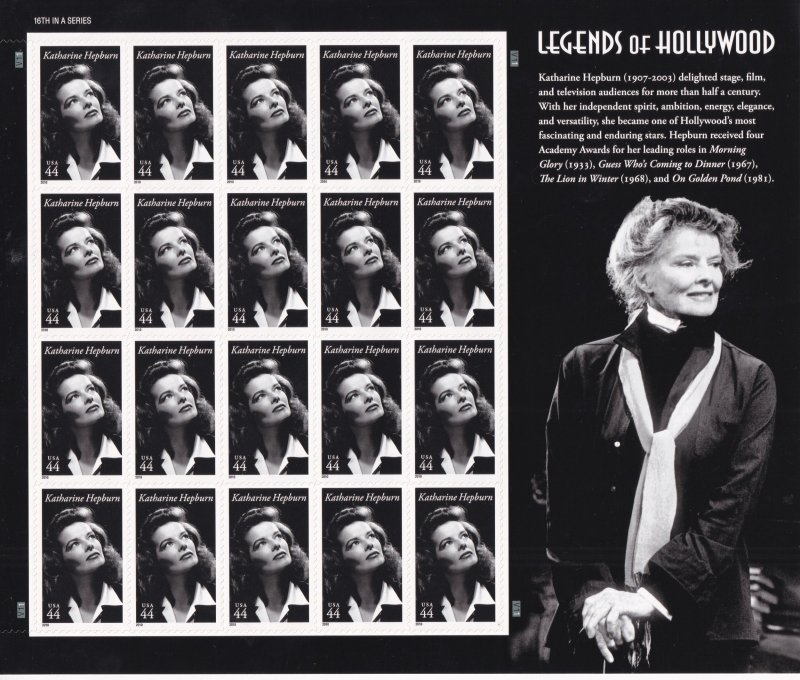 Sc# 4461 U.S 44¢ Legends of Hollywood Kate Hepburn 2010 sheet MNH CV $21.00