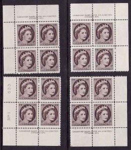 Canada-Sc#337- id10972-unused NH four plate blocks#1- 1c QEII Wilding-1954-