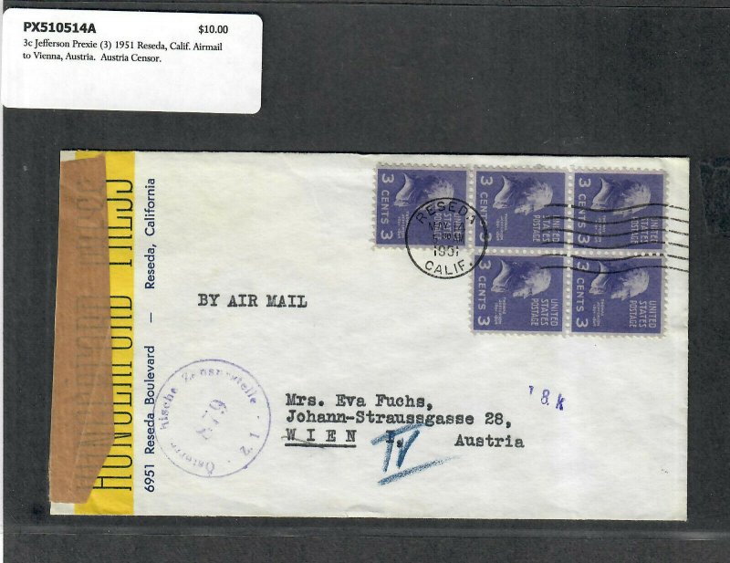 1951 Prexie Cover 3c Jefferson (3) Resda CA Airmail, Austria Censor