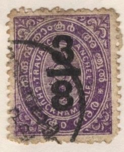 India: Travancore 11 (used) 3/8ch on ½ch conch shell, vio (1906)