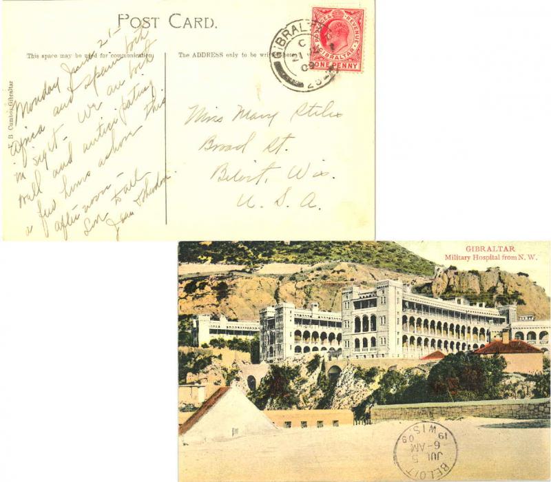 Gibraltar 1d KEVII 1909 Gibraltar, 25 PPC (Military Hospital from N.W.) to Be...