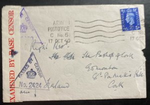 1940 North Ireland British Army Post Office Censored Cover To Cork England