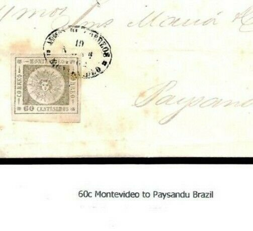 URUGUAY Classic 1863 Cover 60c grey-lilac Scott.13 SUNBURST {samwells}F43c