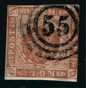 Denmark 1854 Scott #4a F-VF Great 55 Numerical cancel Sm hr Cat $15