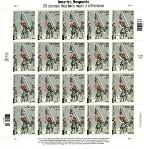 America Responds: 9/11 Heroes Sheet of Twenty 45 Cent Postage Stamps Scott B2
