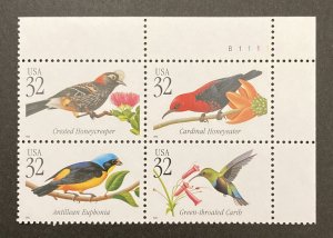 U.S. 1998 #3225a Plate Block, Tropical Birds, **MNH**.