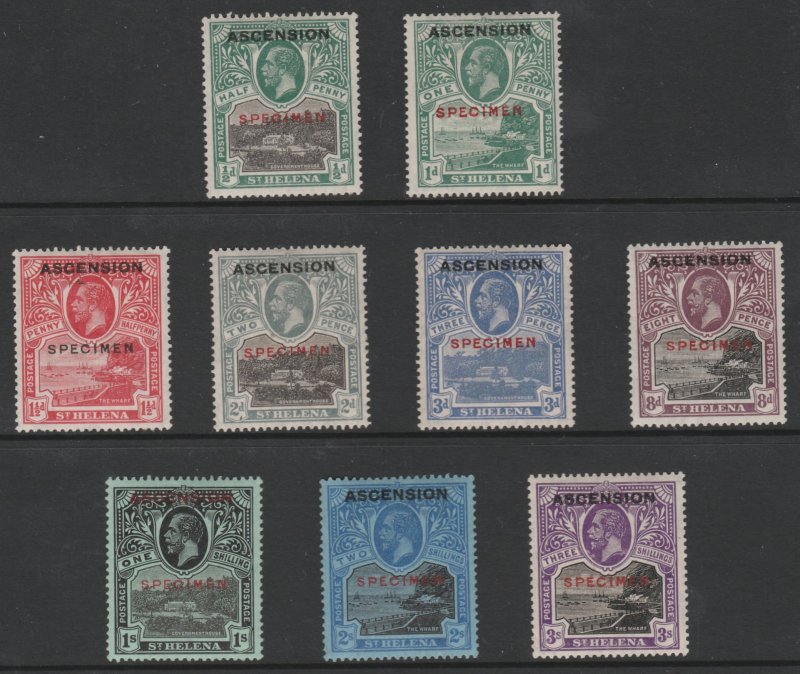 ASCENSION 1922 OVERPRINTED set of 9 additionally opt'd SPECIMEN