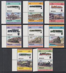 Bequia Sc 1//29 MNH. 1984 Locomotives, se-tenant pairs with SPECIMEN ovpts