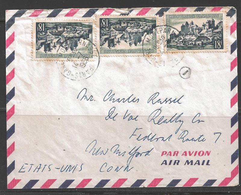 France 1956, three 18f Uzerche stamps to Conn USA